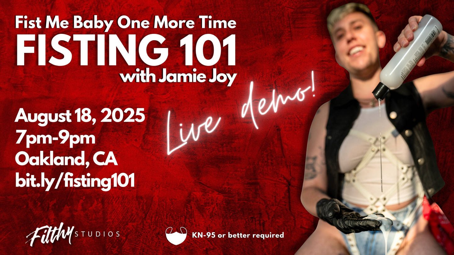Promotional poster for 'Fisting 101' with Jamie Joy featuring a person holding a bottle of lube against a red background.